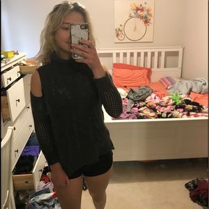 Grey cold shoulder turtleneck sweater